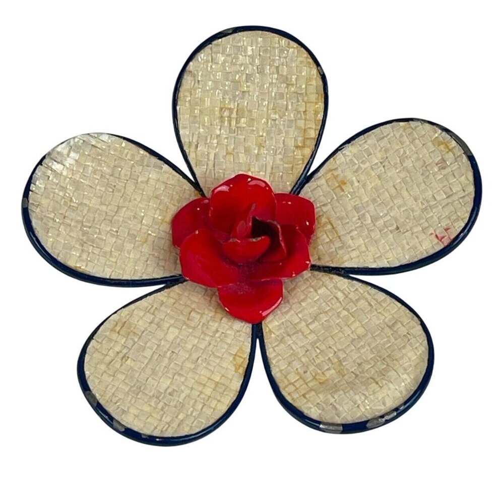 Vintage Woven Flower Brooch Navy Beige Red Large Statement Bold